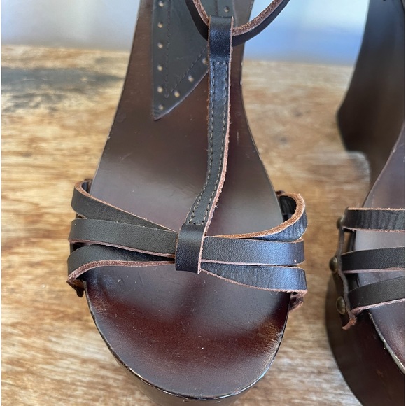LTD FORNONNO Rare Vtg Brown Wood & Leather T-Strap Platform Sandals 37 Italy - Picture 13 of 13